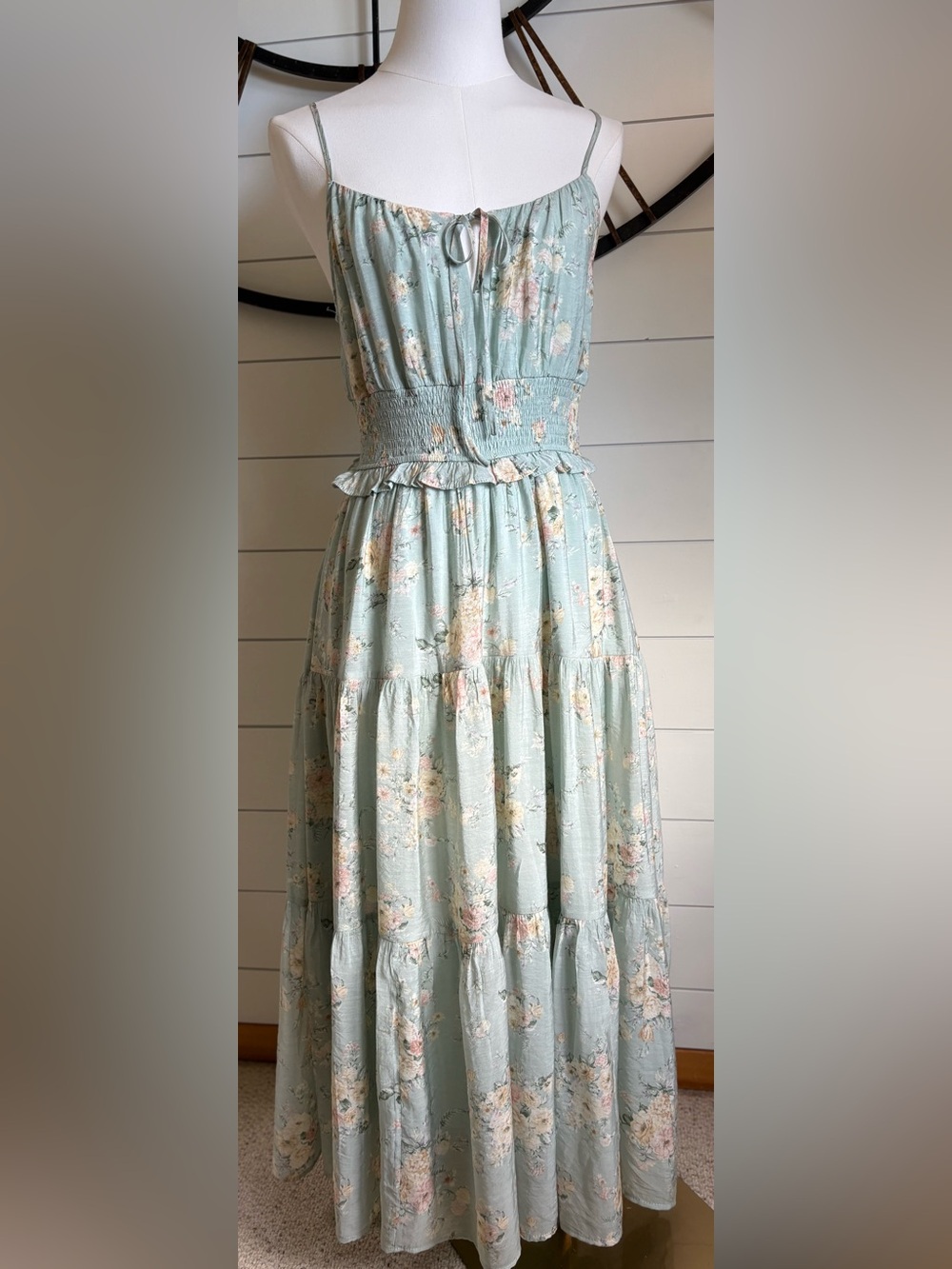 By the River Floral Smocked Tiered Midi Sundress w Vintage Cream & Pink Floral - Picture 13 of 16